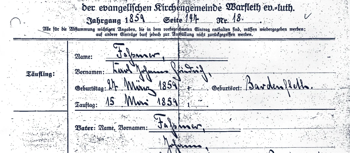 Historical document: Extract from the 1859 birth and baptism register – recording the birth of Franz Fassmer in Bardenfleth, founder of the Fassmer shipyard.