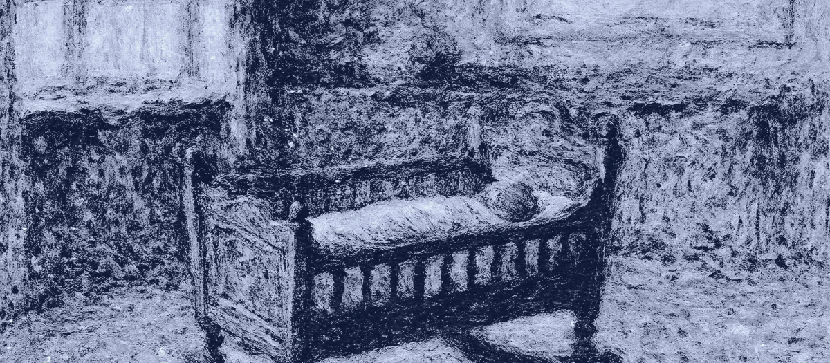 Historic illustration showing a wooden cradle in a modest room with two windows