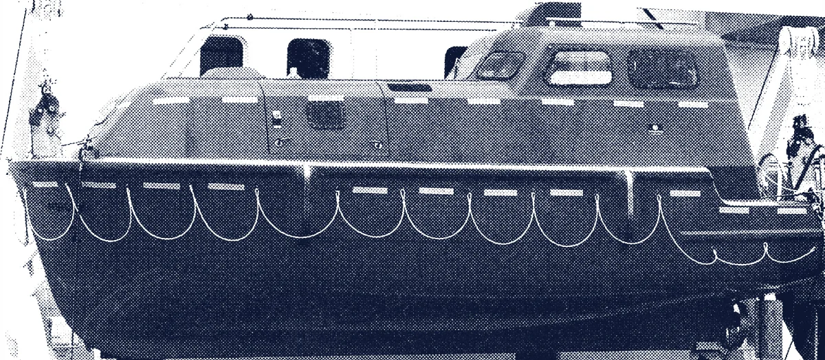 Fully enclosed, fire-resistant motor lifeboat by Fassmer from 1982 – an innovation for maximum safety at sea.