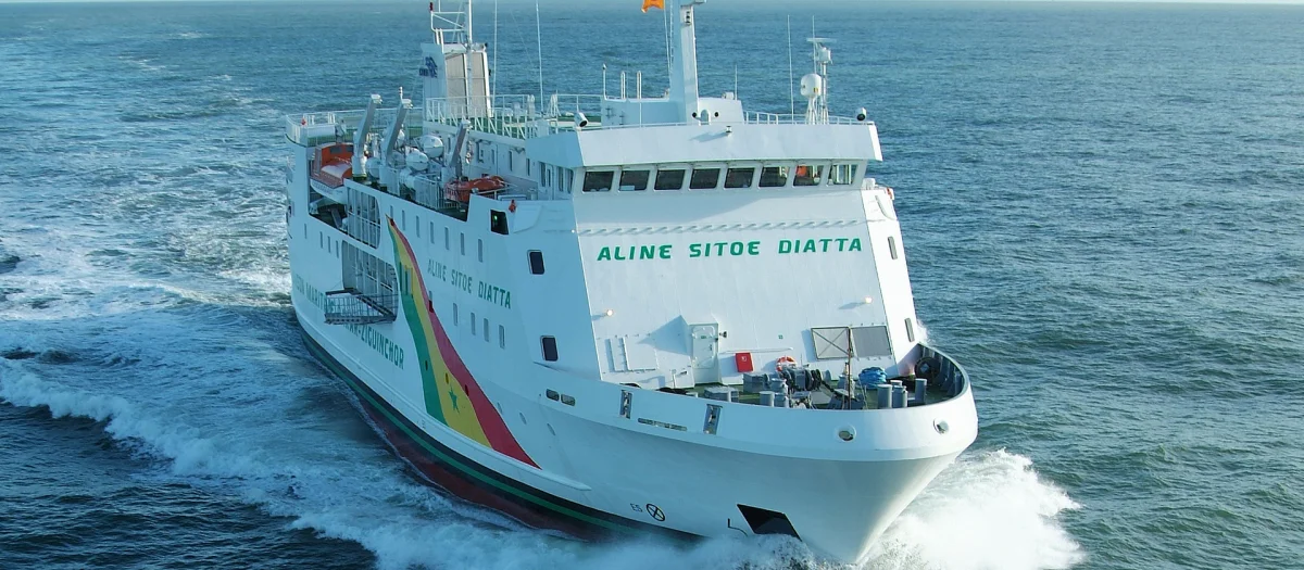 The ferry Aline Sitoe Diatta at sea – a passenger and cargo vessel built by Fassmer for Senegal, operating on the route between Dakar and Ziguinchor.