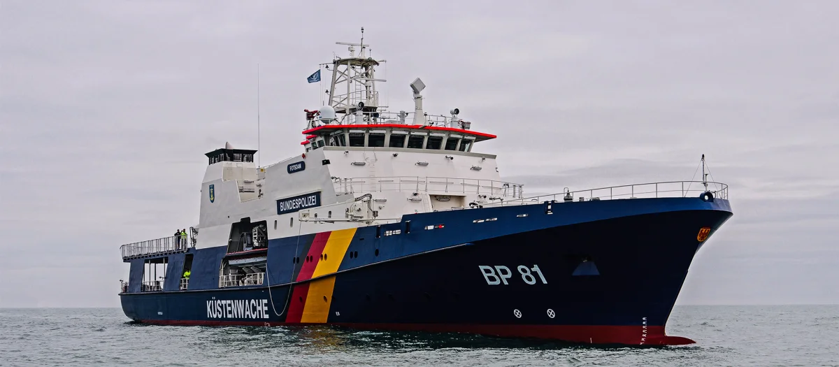 Federal Police vessel BP 81 Potsdam at sea. Built by Fassmer, the coastal patrol vessel was delivered in 2019 as the first of three state-of-the-art Federal Police ships for operations in the North and Baltic Seas.