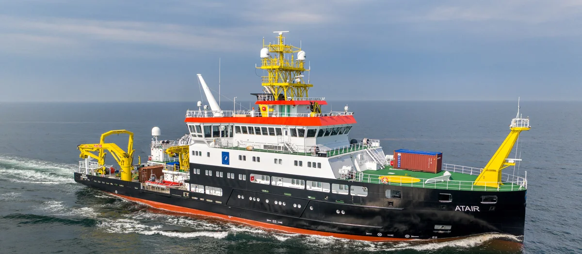 Research vessel Atair at sea. Built by Fassmer, it was commissioned in 2020 as the world’s first seagoing research vessel powered by LNG, setting new standards in sustainability and shipbuilding.