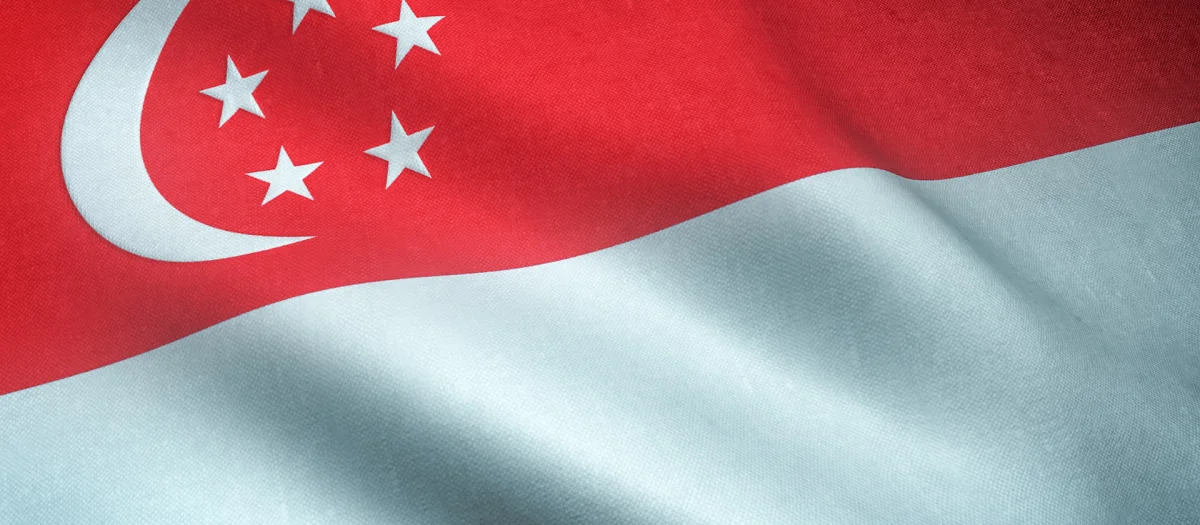 Close-up of the waving national flag of Singapore. In 2023, Fassmer was approved by the Singapore Flag Authority as a certified service provider for maritime safety equipment.