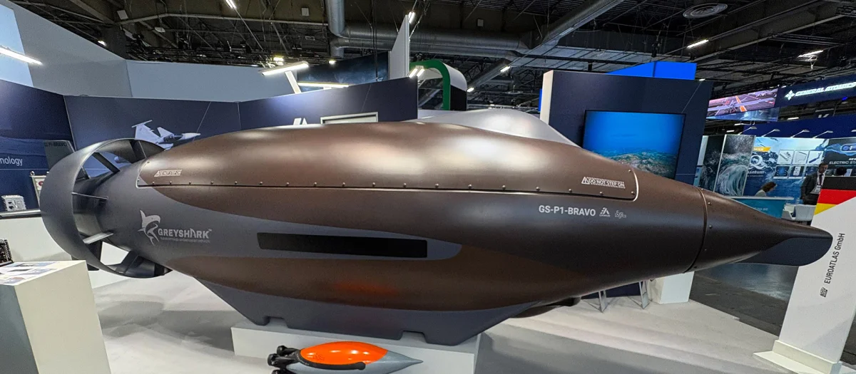 The GreyShark GS-P1 Bravo unmanned underwater vehicle displayed at a trade fair. Fassmer Defence contributes as a partner responsible for the design and manufacturing of the pressure-resistant composite hull.