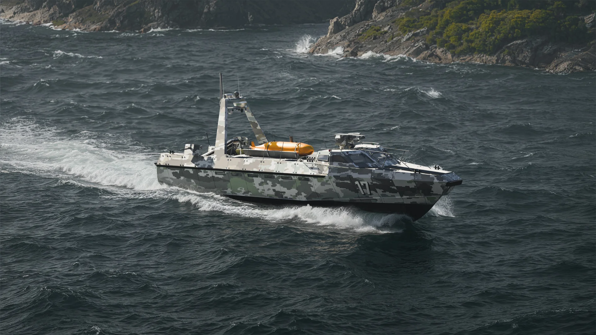 Fassmer Fast Combat Craft FCC 17 with digital camouflage – fast combat boat for coastal defense and special operations