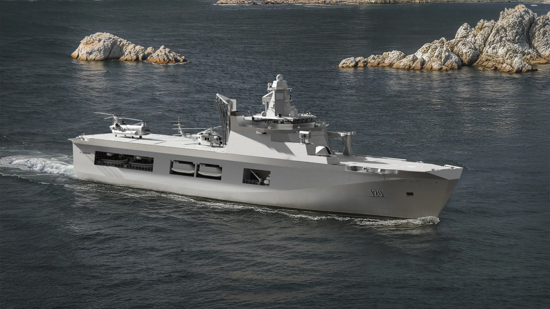 Fassmer Multipurpose Patrol Vessel MPV 120 with helicopters on deck – naval support and security ship
