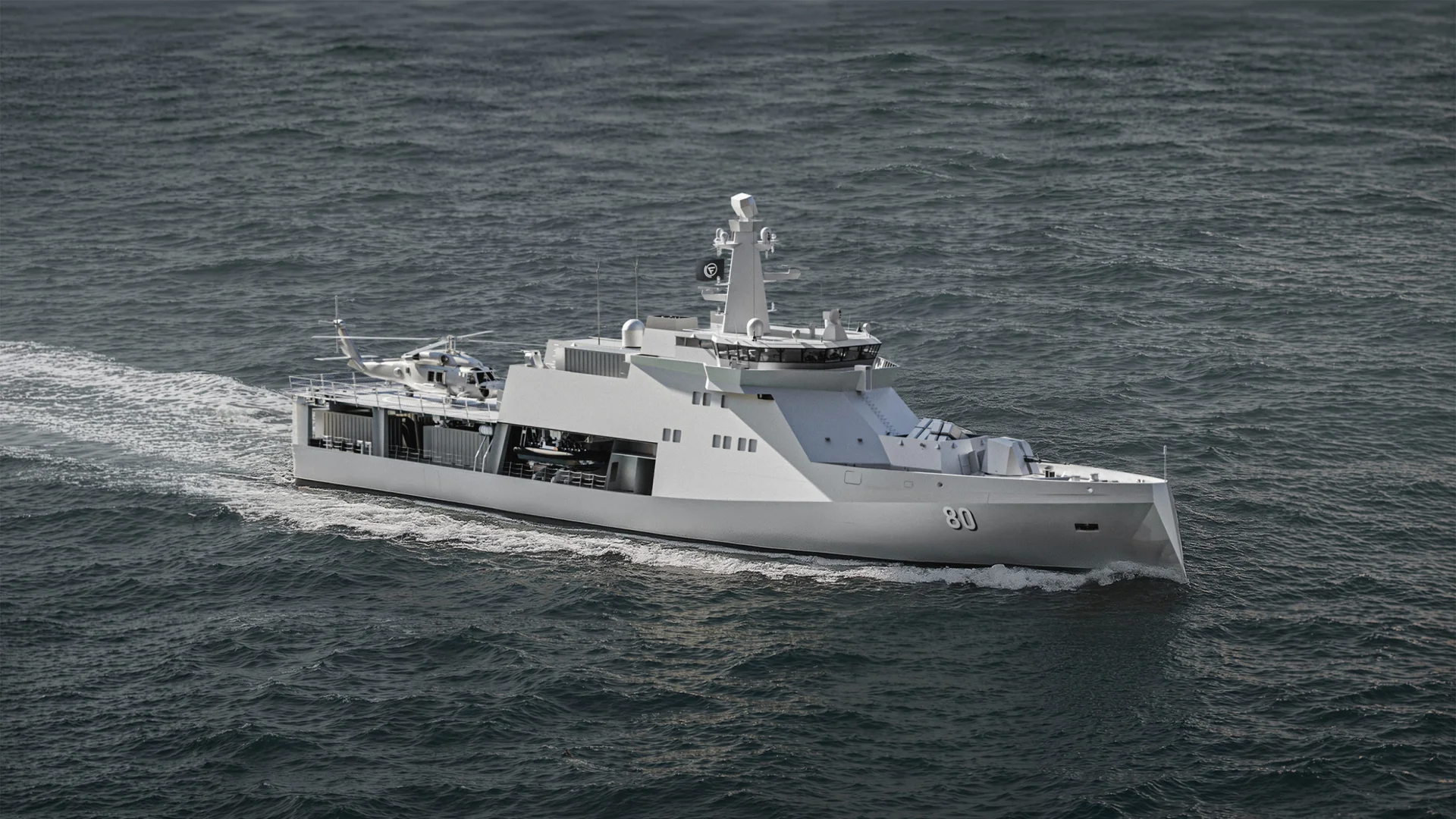 Fassmer Offshore Patrol Vessel OPV 80 with helicopter on deck – naval ship for international security missions