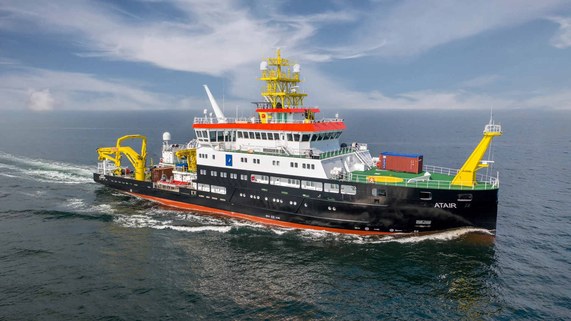 Fassmer research vessel ATAIR at sea – modern, eco-friendly special-purpose ship for research, hydrography and marine technology.