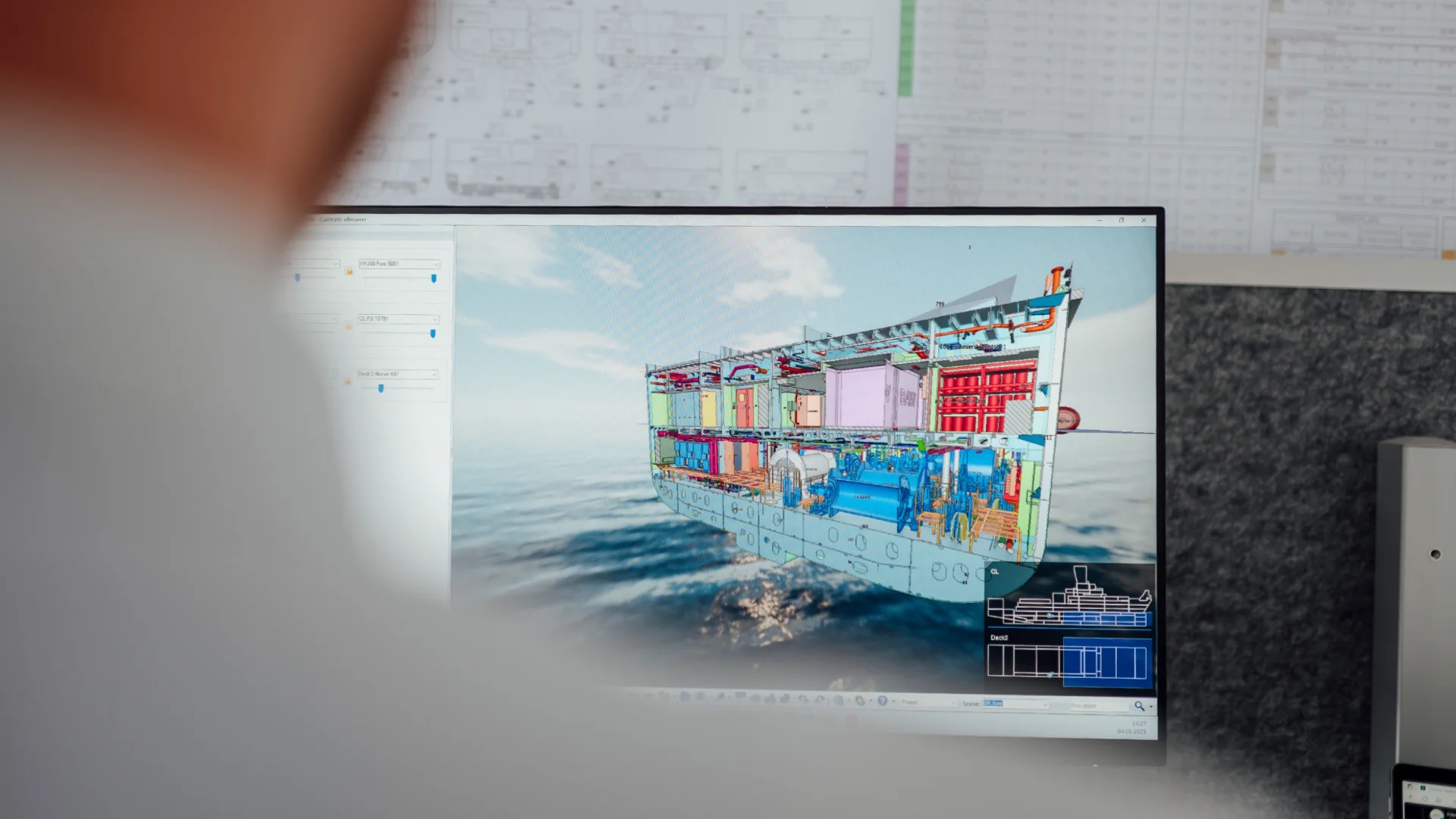 3D cross-section ship model on screen in Fassmer development office