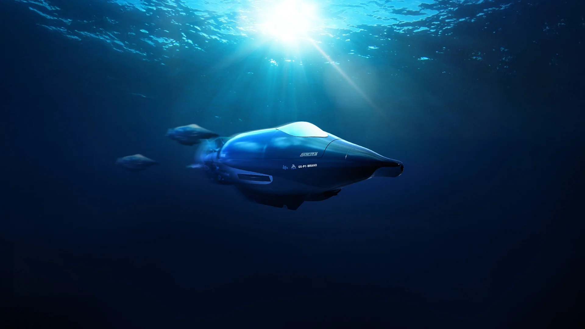 3D visualization of the Fassmer Grey Shark submarine concept GS P1-BRAVO diving in the ocean, inspired by nature.