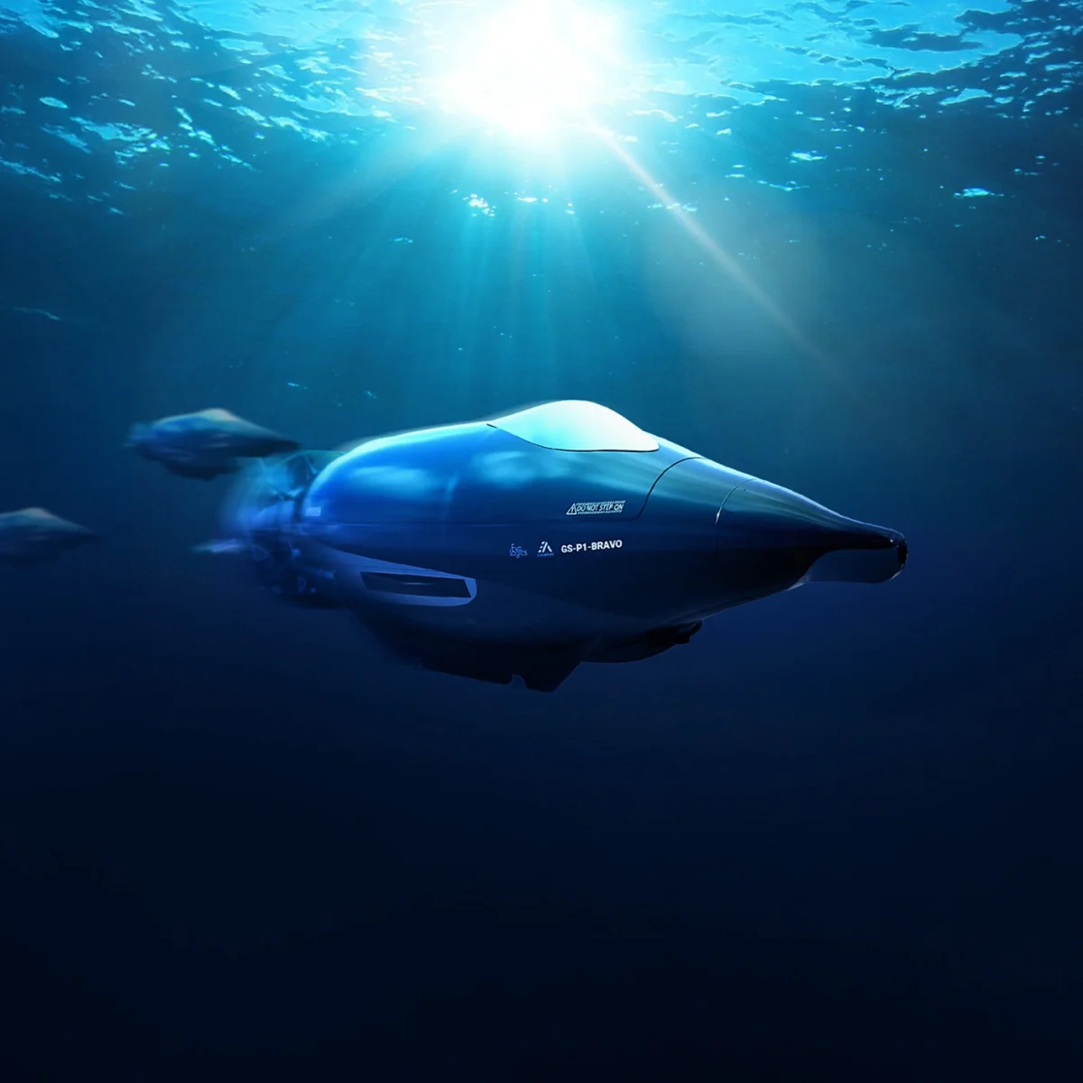 3D visualization of the Fassmer Grey Shark submarine concept GS P1-BRAVO diving in the ocean, inspired by nature.
