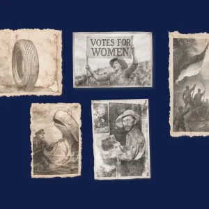 Collage of historical illustrations – including technical innovations, social movements, and maritime motifs, symbolizing the beginning of Fassmer’s history around 1850.