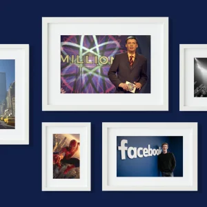 Collage of iconic images from the 2000s – featuring pop culture, television, technology, and architecture, symbolizing the start of the new millennium.