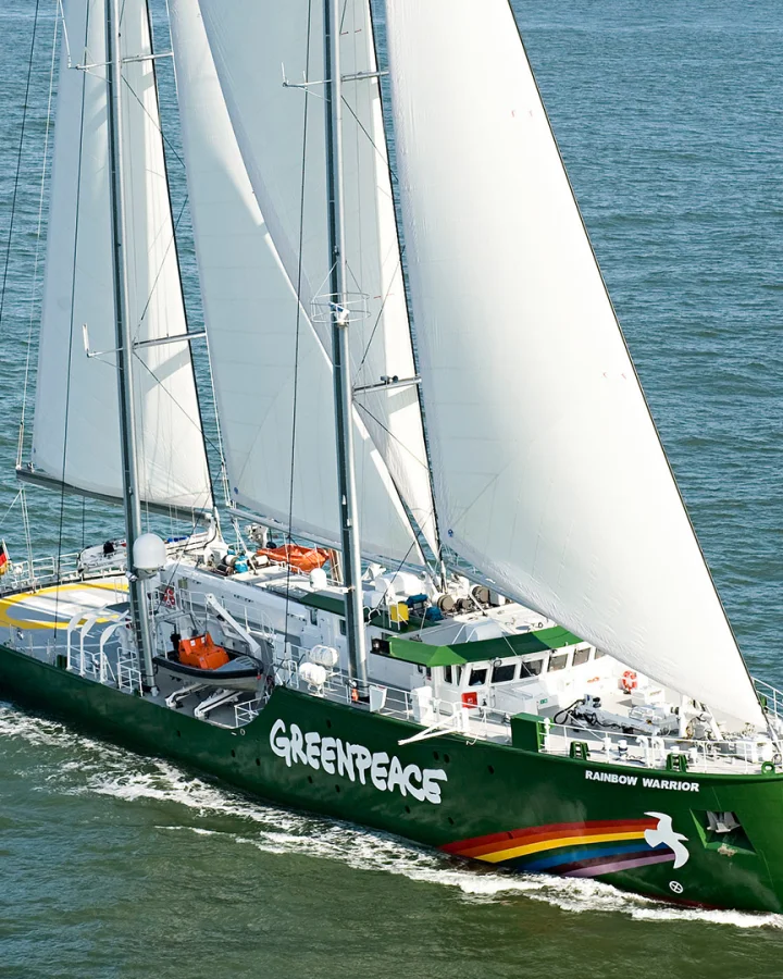 The 58-meter motor sailing yacht Rainbow Warrior by Greenpeace, featuring white sails and a green hull, cruising in daylight over calm sea. The name “Greenpeace” and a rainbow logo are prominently displayed on the bow.