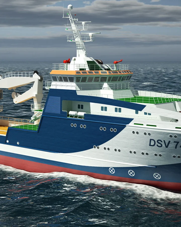 The 74 meter diving support vessel, built by Fassmer, during sea trials. The specialized vessel serves as a mobile base for diving operations, supporting underwater work and equipped with state-of-the-art systems for research and offshore missions.
