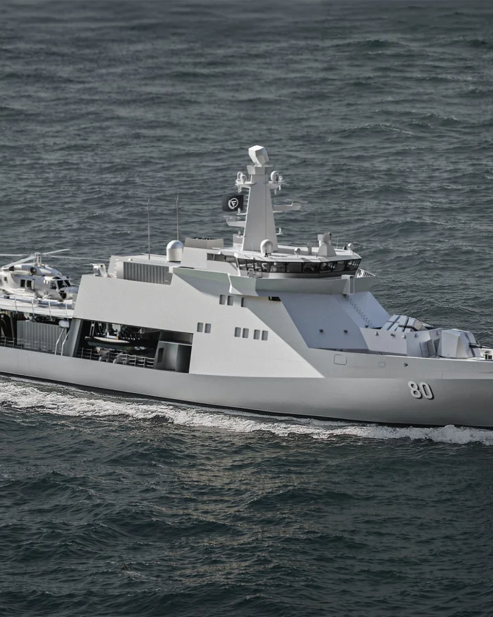 Fassmer Offshore Patrol Vessel OPV 80 with helicopter on deck – naval ship for international security missions