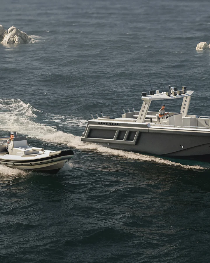 Fassmer patrol vessel with fast response boat (RIB) at sea – high-speed boats for maritime security
