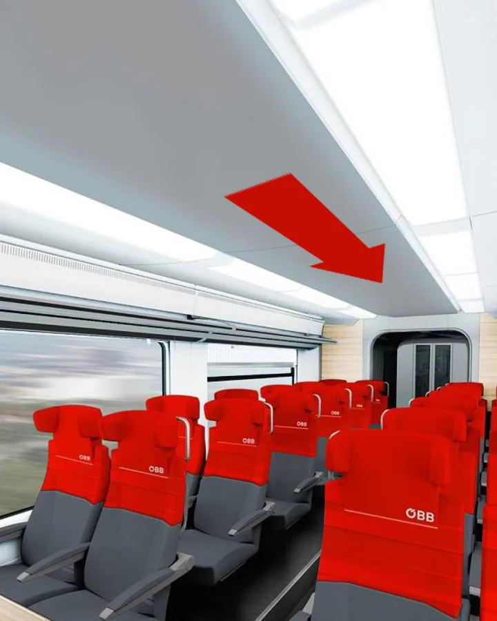 Interior view of a modern ÖBB train carriage with grey seats and red headrests. A large red arrow points to the ceiling panels manufactured by Fassmer. These lightweight components are part of the train’s interior design, combining functionality and modern aesthetics.